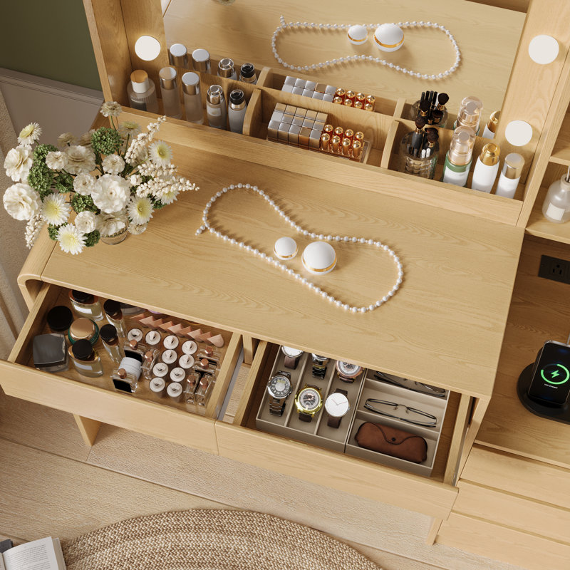 Bureau de meuble-lavabo moderne de 39 po avec miroir à DEL réglable 3 couleurs et station de charge multi-ports, 5 tiroirs et tablettes latérales ouvertes