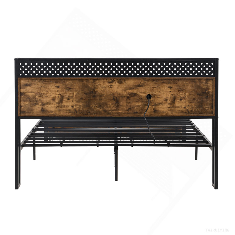 Base de lit plateforme pleine grandeur en métal avec tête de lit en bois et pied de lit USB, station de charge, 2 tiroirs, rangement, lumières DEL, aucun sommier requis, assemblage facile