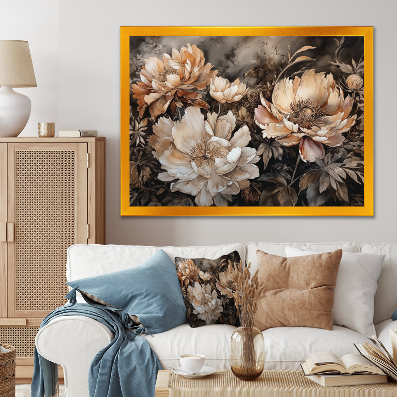Reproduction sur toile encadrée de pivoines crème et brunes - pivoines, H 24 po x l 32 po x P 1 po, Cadre flottant érable