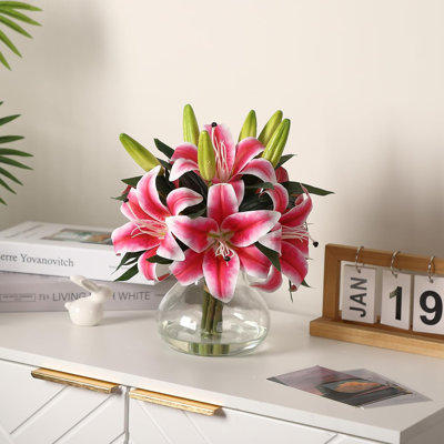 13 Inch Artificial Tiger Lily Flowers, 6 Stems Realistic Silk Lilies with Glass Vase, Fake Flowers for Home Décor, Wedding, Table Centerpieces,Pink