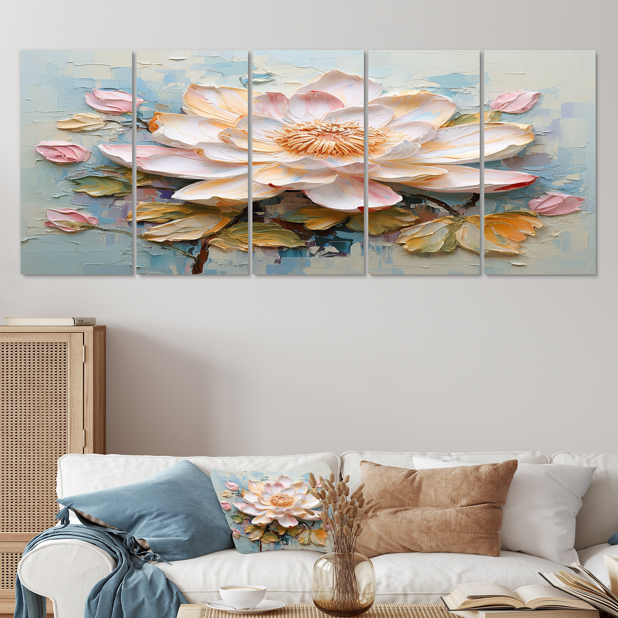 Bungalow Rose Pink Pastel Lotus Flower On Vintage Blue II - Lotus Wall ...