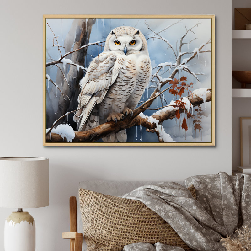 Winter Snowy Owl Landscape - Art mural paysage d'hiver, Cadre naturel flottant, 34" H x 44" W