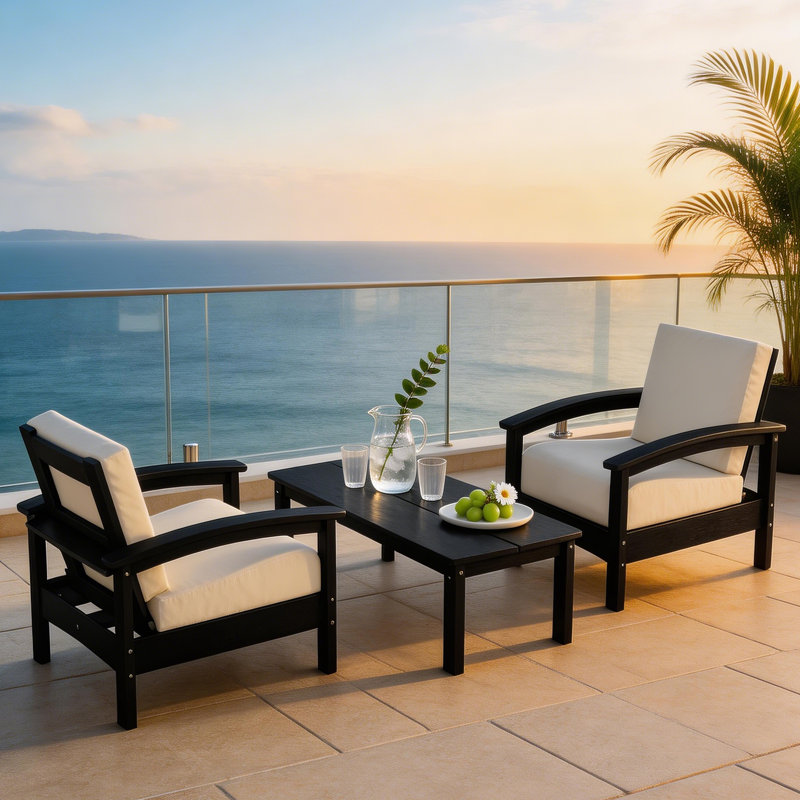 Hdpe All-weather Two Single Sofas & Coffee Table Set – Compact Outdoor Patio Conversation Set, Black