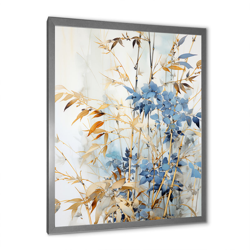 Décoration murale bleue et dorée en bambou Zen V - Bamboo_106596, H 32 po x l 16 po x P 1 po, Cadre simple argenté