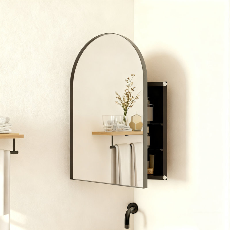 Pharmacie de coin en métal avec miroir arqué, tablettes en verre réglables, rangement de salle de bain peu encombrant pour les petits espaces