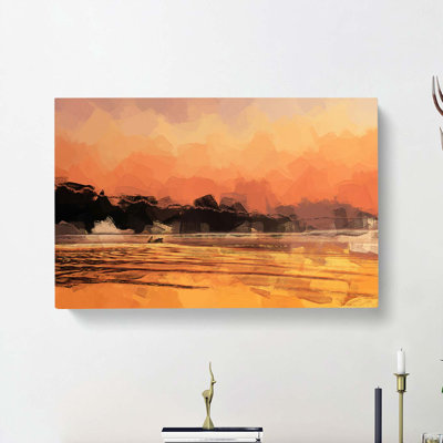 Boat Under an Orange Sunset in Abstract - Wrapped Canvas