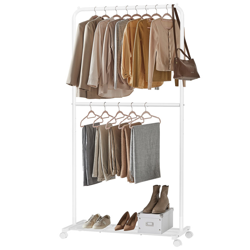 Portant à vêtements avec roulettes, support à vêtements à double tringle, support à vêtements avec tablette de rangement, 2 freins