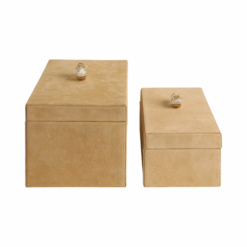 Sagebrook Home 2-Pieces Benin Suede Boxes With Stone Knob, Ivory