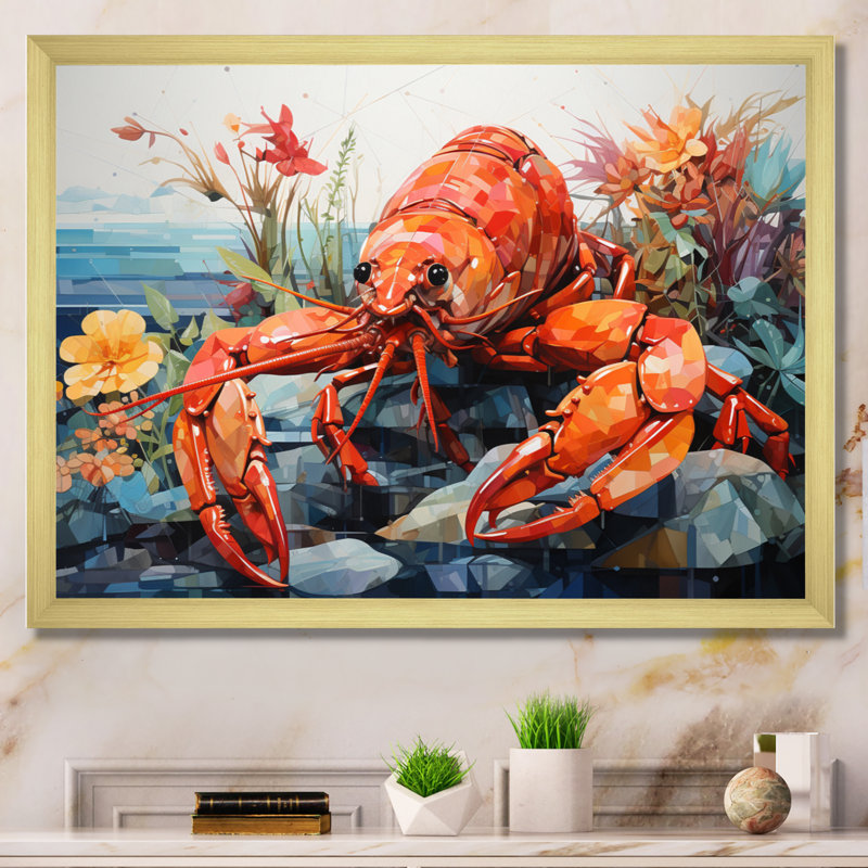 «Coral Yellow Lobster Grace», reproduction géométrique sur toile, H 24 po x l 32 po x P 1 po, Cadre doré simple