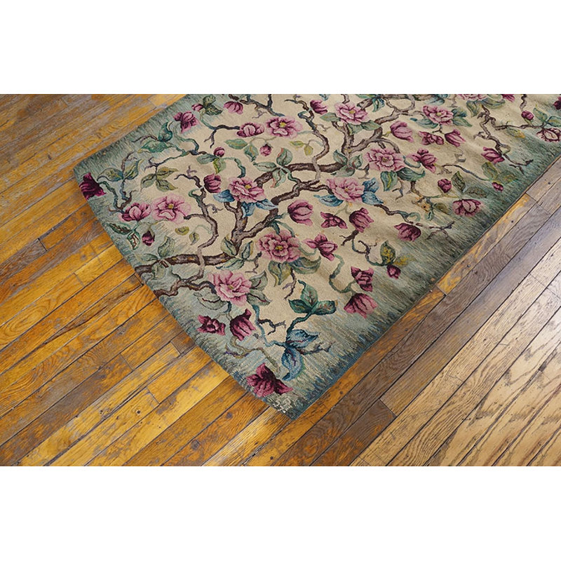 Antique Allover Floral Wool &amp; Cotton Hooked - Loop Pile Ivory Beige Cream White 1930s Rug
