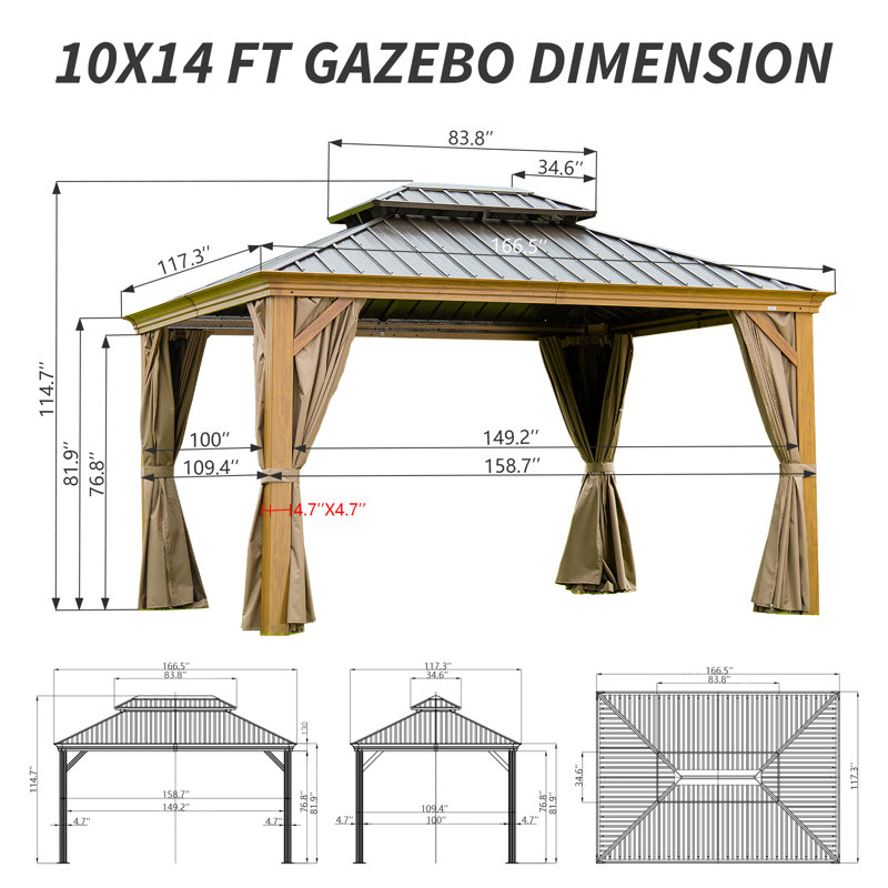 14 Ft. W x 10 Ft. D Aluminum Galvanized Steel Patio Gazebo with Double Roof