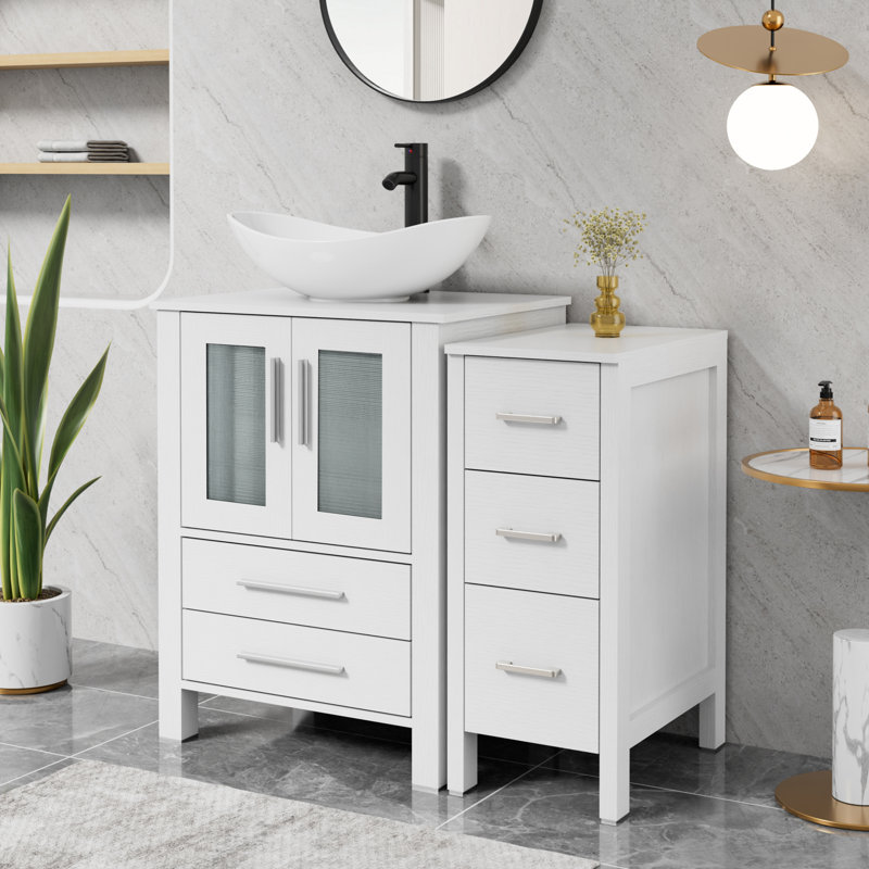 Meuble-lavabo simple 36 po avec lavabo vasque Sharee, comptoir en bois manufacturé, robinet et drain Sharee, Blanc