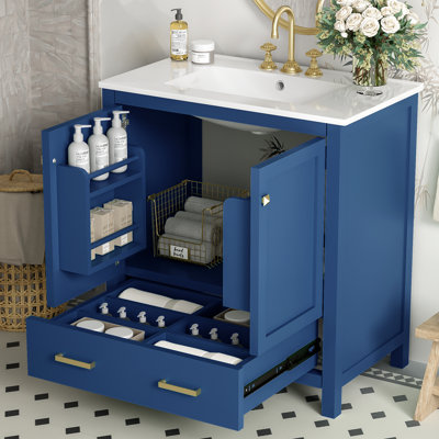 Meuble-lavabo bleu de 30 po avec lavabo en céramique. Fabrication en bois massif. Portes et tiroirs de rangement multifonctionnels. Pour des meubles à utilisation silencieuse. Armoire pour lavabo simple. Matériau en bois. Portes, décoration moderne
