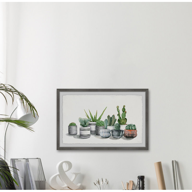 Lined Potted Cactus by Parvez Taj - Single Picture Frame Painting, 61 cm H x 91 cm W