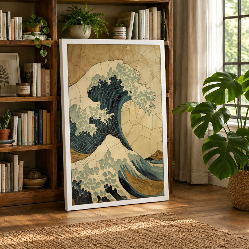Great Wave in Blue Japandi - Wrapped Canvas, 24x16 - 61.0 x 40.6 cm, Terracotta Border