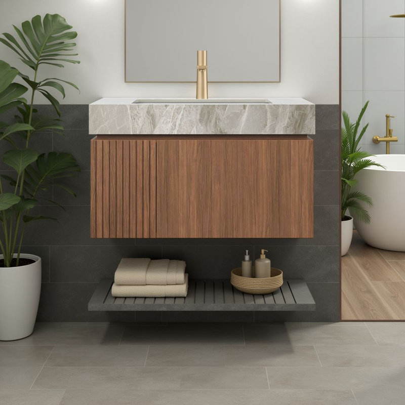 Meuble-lavabo mural 30 po avec comptoir en pierre frittée et lavabo en céramique, armoire de rangement avec 1 tiroir et porte à fermeture en douceur