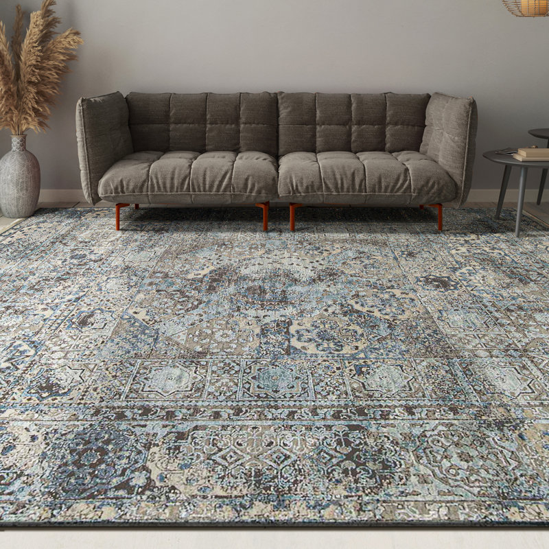 Tapis gris / bleu en laine / soie noué à la main, Rectangle 6 pi x 9 pi