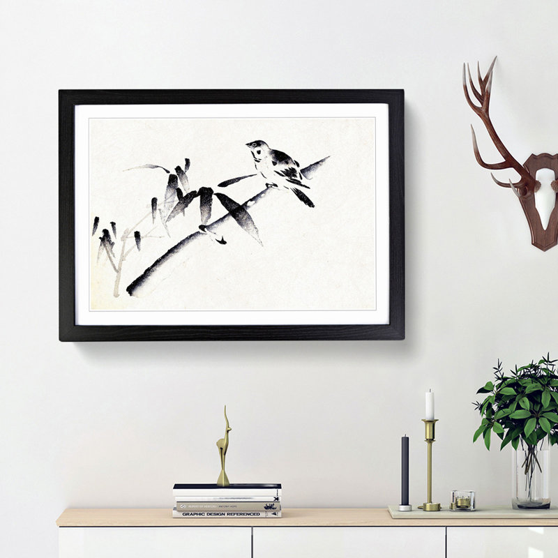 Bird on a Branch by Maruyama Okyo - Picture Frame Painting Print, 48cm H x 65cm W x 2cm D, Black Framed