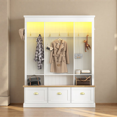Élégant portemanteau avec lumière à DEL contrôlée par l'application, 9 crochets, banc de rangement, 3 grandes armoires et tablettes ouvertes