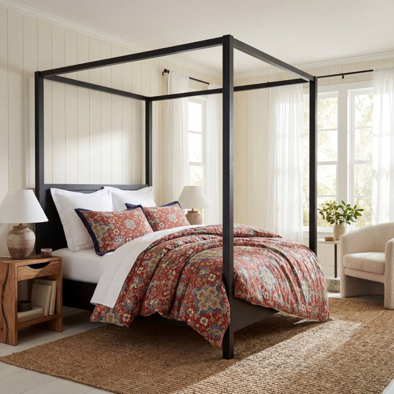Melinda Red/Navy Floral Medallion Western Classic 3 Piece Comforter Set, King Comforter + 2 King Shams