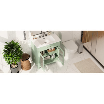 Meuble-lavabo de 31 po avec verre trempé, tablettes réglables, charnières à fermeture en douceur et résistance aux rayures et aux taches pour un look épuré, portes, pieds en bois d'hévéa