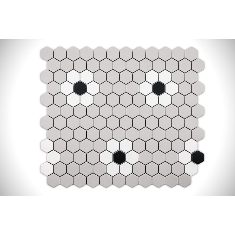 FLEUR BLANCHE ET GRISE AVEC MOSAIQUE DE PORCELAINE À POIS NOIR, White/Gray/Black