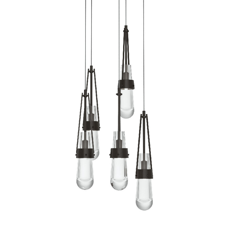 Luminaire suspendu 5 lumières Link, Long: 19 po à 130 po, Verre transparent, Bronze huilé