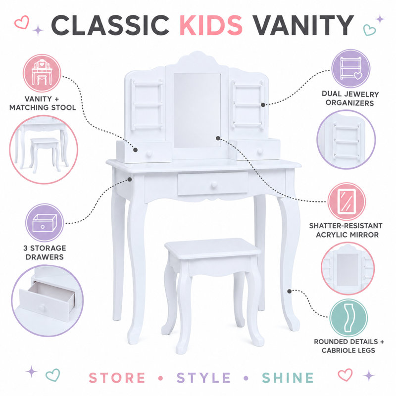 Teamson Kids Wooden Kids Vanity Table and Stool Set, White with Drawers
