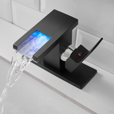 Bathroom Sink Faucet LED Light 3 Colors Changing Waterfall Glass Spout Hot Cold Water Mixer Single Handle One Hole Deck Mounted Bathroom Faucet