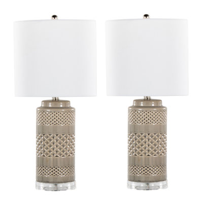 Ensemble de 2 lampes de table contemporaines en céramique 21 po Casa - Céramique craquelée vert avec abat-jour en lin blanc, détails nickel poli