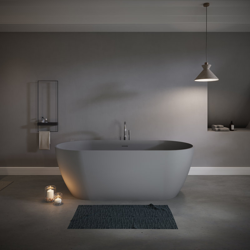 63" Freestanding Solid Surface Bathtub Matte Grey Oval Deep Soaking Tub with Overflow and Pop-up Drain, 63", Matte Grey