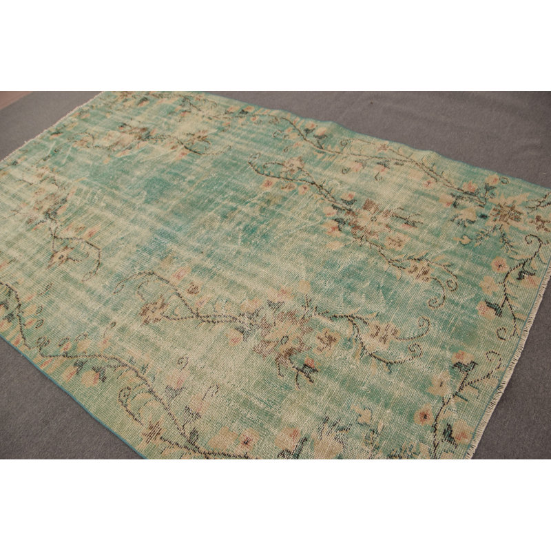 Tapis turc vintage tissé à la main avec des tons de vert pour le bureau ou le salon 9051
