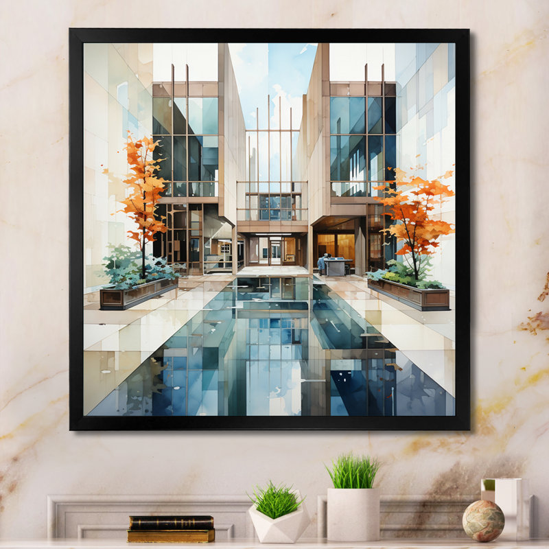 Symétrie architecturale sarcelle orange Mid Century - impression, Cadre photo noir, H 16 po x l 16 po x P 1 po