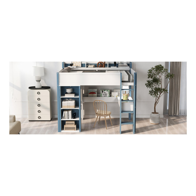 Lit mezzanine double en bois pleine grandeur avec tablettes de rangement intégrées, portemanteaux et bureau, blanc et bleu
