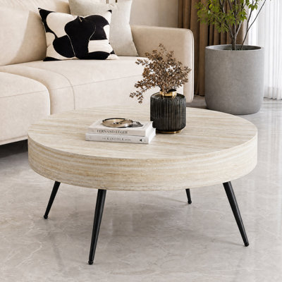 Table basse ronde de style Mid-Century de 31,5 pouces, plateau en imitation travertin, pattes en métal