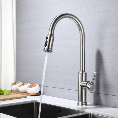Kitchen Pull Out Spray Faucet, Brushed Nickel Plating, Stainless Steel Construction, 360 Rotating Nozzle For User- Water Control, Corrosion And Rust Resistance Treatment, Single Handle Flow Quality