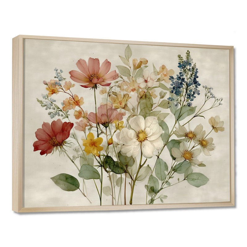 Bouquet de fleurs de campagne rétro - décoration murale, fleurs vertes encadrées, H 24 po x l 32 po, Cadre flottant, Natural
