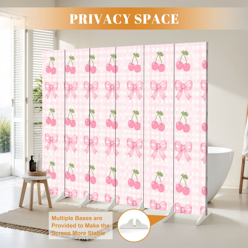 Cloison pliante à 6 panneaux avec paravent et cerisier rose, 6, 71" H x 96" W x 1" D