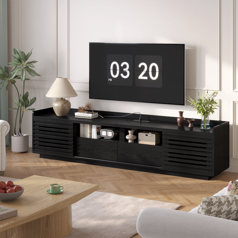 78.7'' TV Stand With 2 Drawers & Sliding Doors, Entertainment Center  With Power Strip Compartment, Black