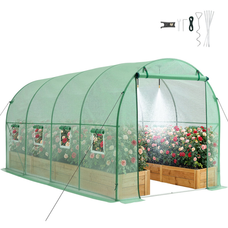 Walk-in Tunnel Greenhouse, 10 x 7 x 7 ft Hoop House Greenhouse Tunnel with Watering System, Plant Hot House with Steel Frame, PE Cover, Roll-Up Zipper Door and 6 Windows for Outdoors, Green