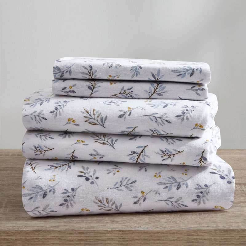 Ensemble de draps en flanelle avec feuilles et baies blanches, Ensemble de draps pour lit simple avec deux taies 