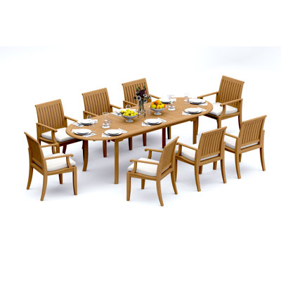 Ensemble de salle à manger 9 pièces en bois de teck de qualité A: table ovale à double extension de 94 po et fauteuils Lagos # 11LG2208