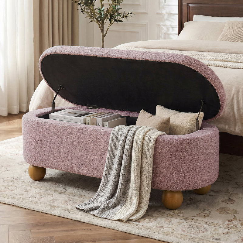 Banc de rangement moderne ovale avec pieds sphériques pour le hall d'entrée et le salon, Rose