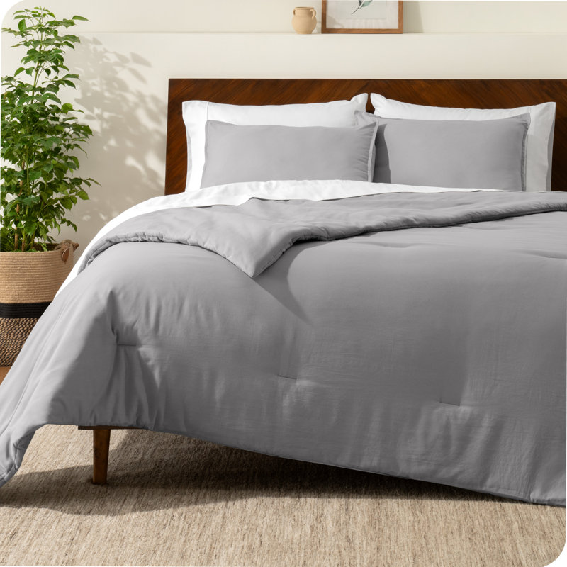 Down Alternative Track Stitch Comforter Set, Light Gray, Queen Comforter + 2 Standard Shams