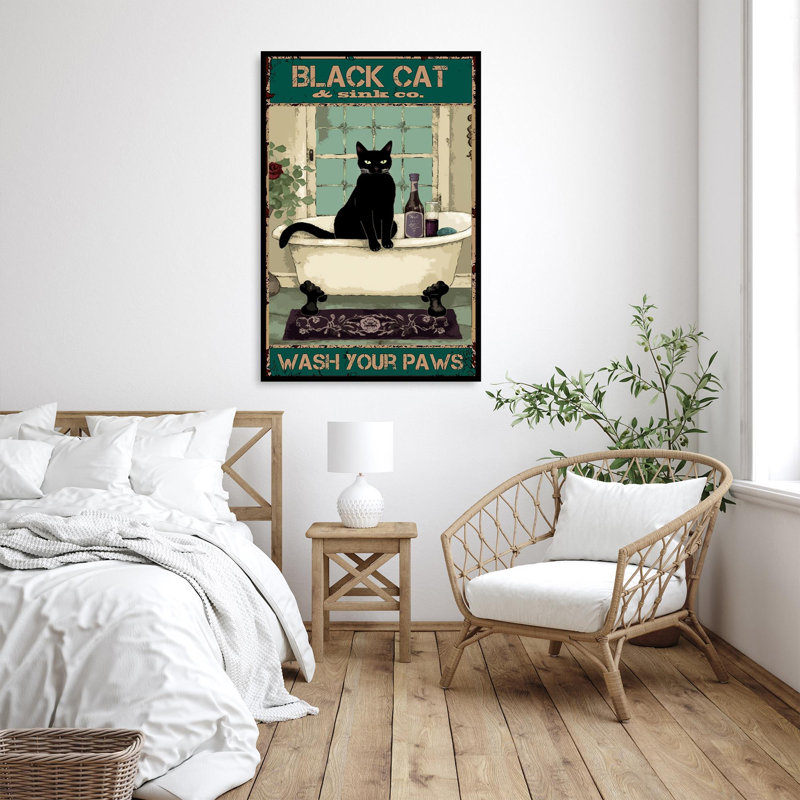 Black Cat Wash Your Paw - 1 Piece Rectangle Graphi " Black Cat Wash Your Paw - 1 Piece Rectangle Graphic Art Print On Wrapped Canvas "