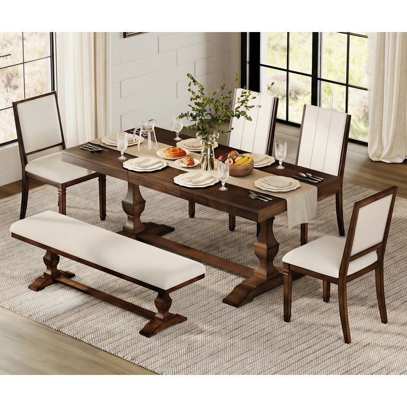 74.8" Rustic Farmhouse Dining Table Set With 1 Bench & 4 Upholstered Chairs (2 Styles), Solid Wood Frame With Turned Decorative Legs, Dining Set For 6-7 People,Brown