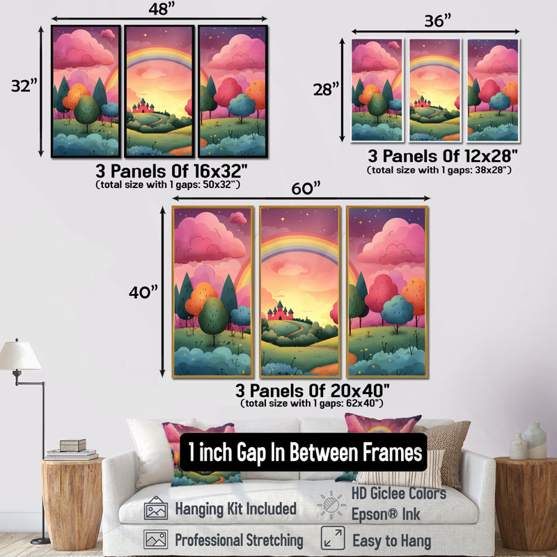 Ensemble de salon chambre d'enfant Rainbow Fantasy Castle, H 28 po x l 36 po x P 1 po, Toile avec cadre flottant noir