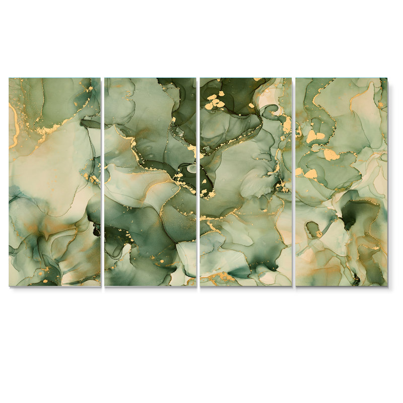 «Green Luxury Abstract Fluid Art I», impression sur toile tendue 4 pièces
