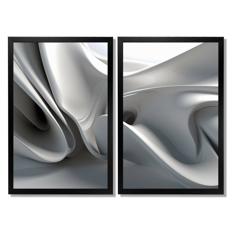 «White Black Contemplative Abstraction - Abstract Modern Waves», impression sur toile abstraite blanche, 2 pièces, Noir