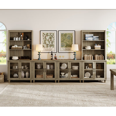 Buffet avec huche de bar, buffet avec 8 portes en verre et 3 tablettes à 3 niveaux, gris délavé, 135 po